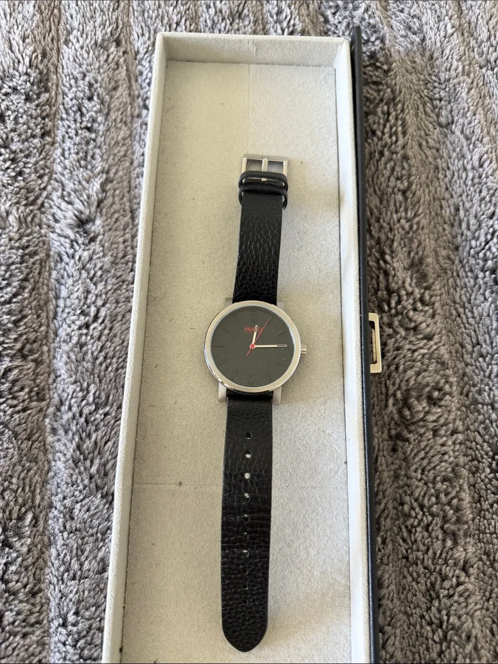Men's Black Leather Strap Watch with Silver Case